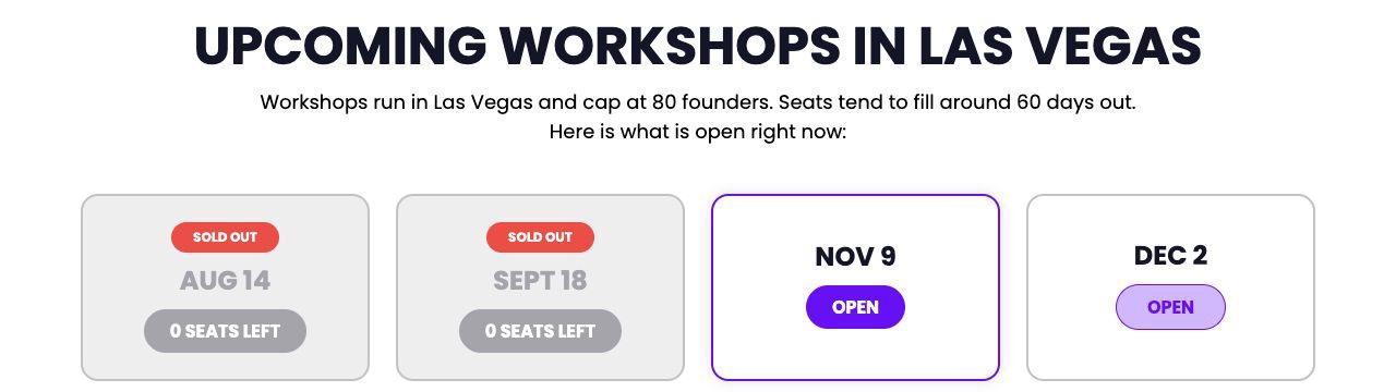 Datas reais de workshops, com turmas esgotadas