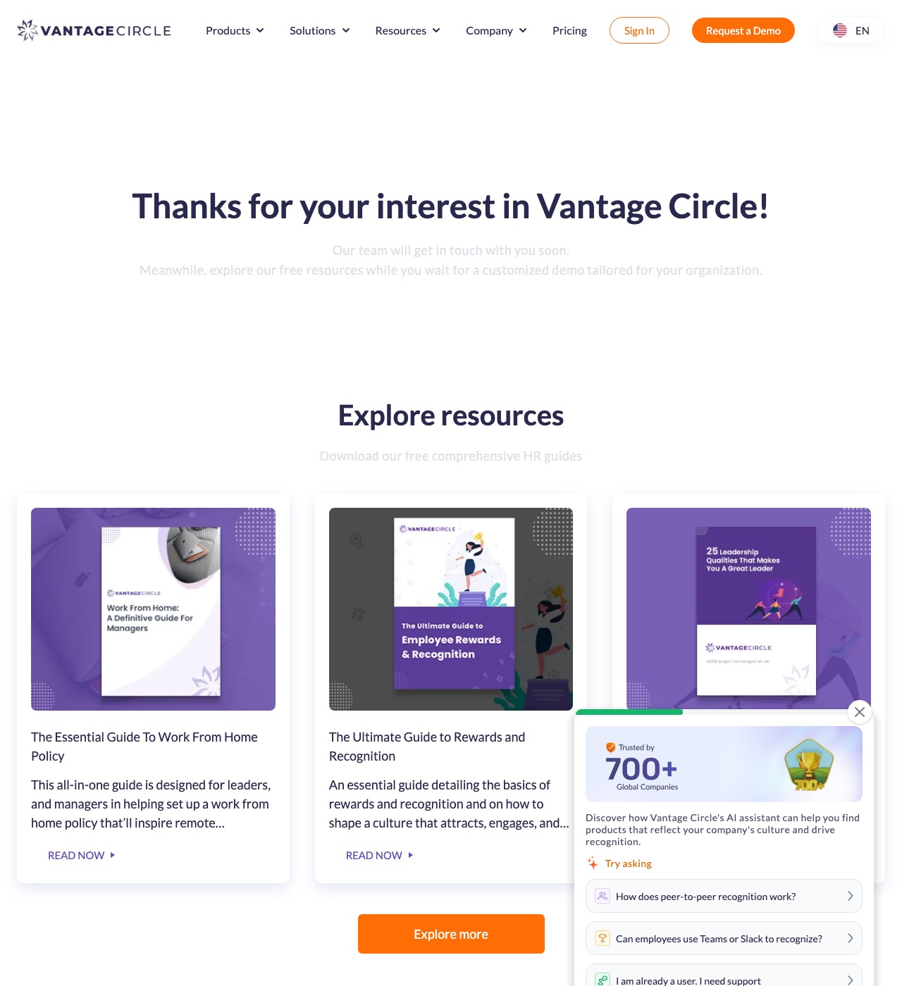 Página de confirmação: Vantage Circle · pediu uma demo